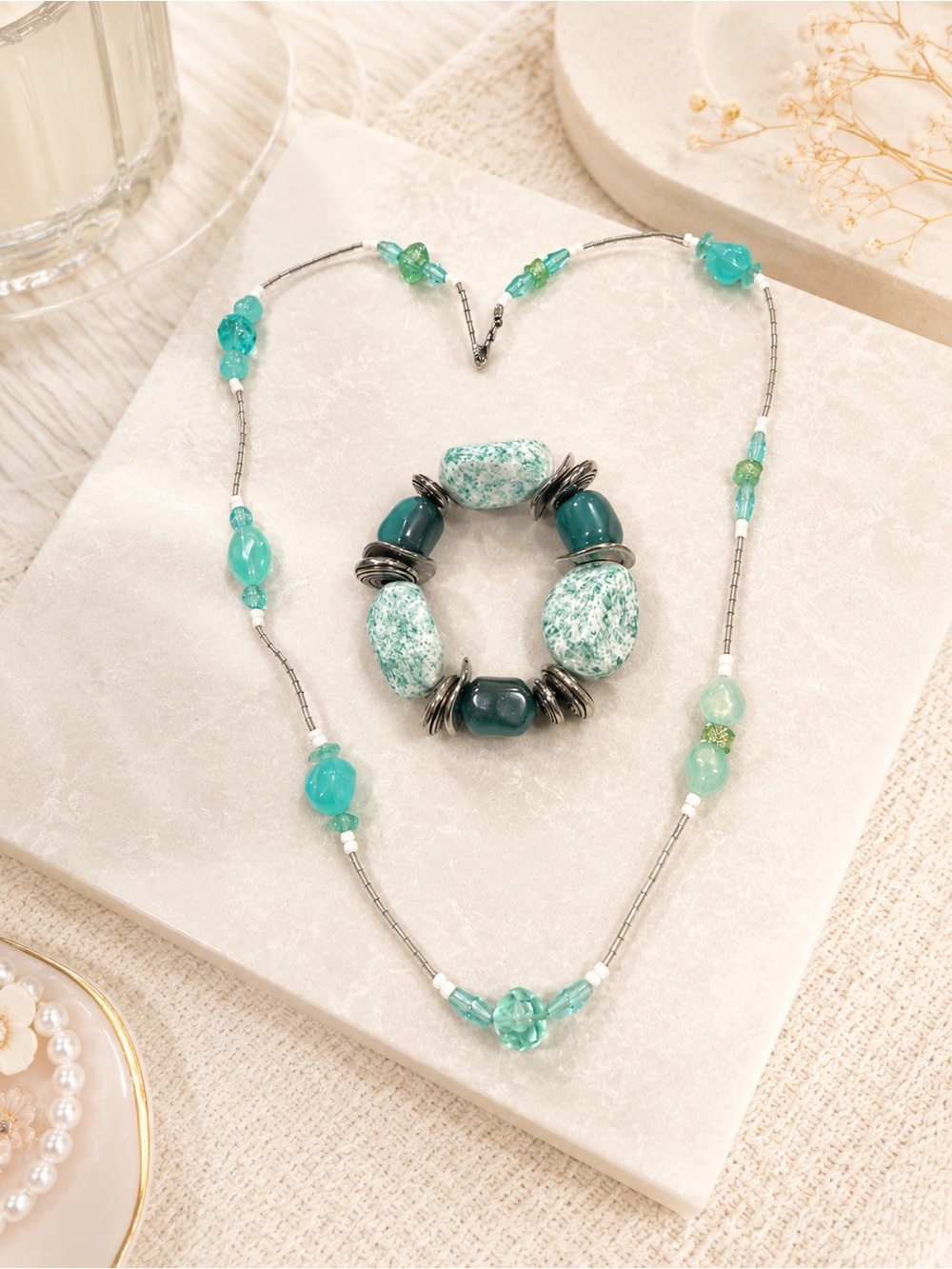 Teal Beaded handmade Necklace Bracelet Set Women Jewelry Y2K boho western gift